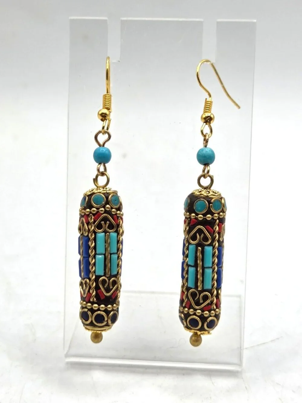 Boho Dangle Earrings With Faux Turquoise & Red Inlays Brass Accents